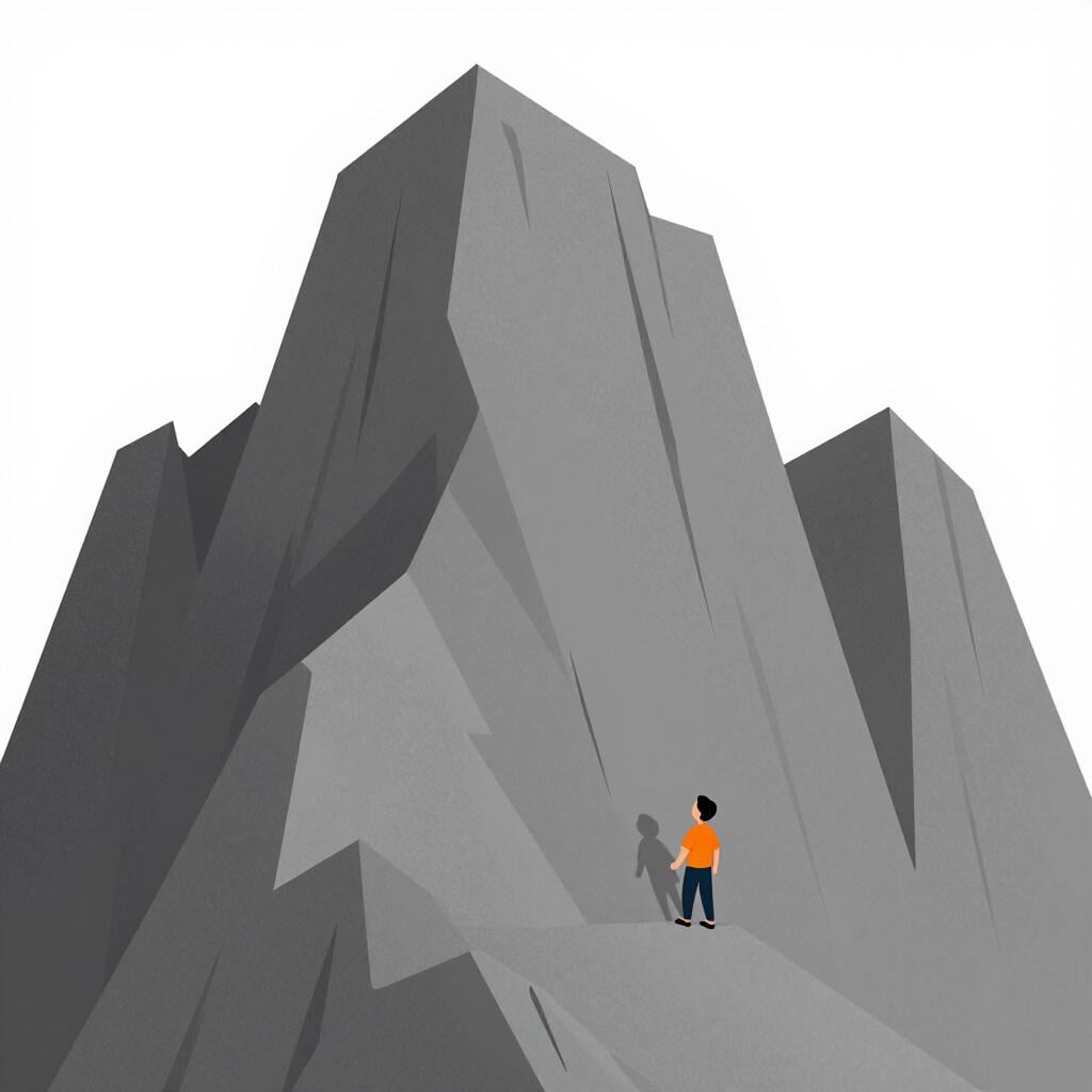 Eine bunte Bilderbuchillustration einer kleinen Person, die am Fuße eines sehr hohen, steilen, felsigen Berges steht.