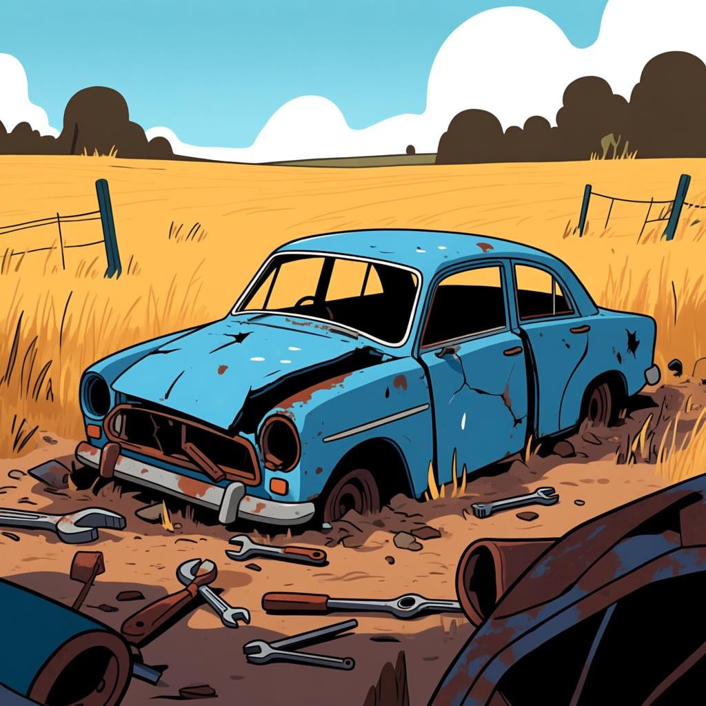 A completely dilapidated, broken-down vintage car with missing parts, sitting abandoned in a dusty field, symbolizing a lost cause or hopeless situation.