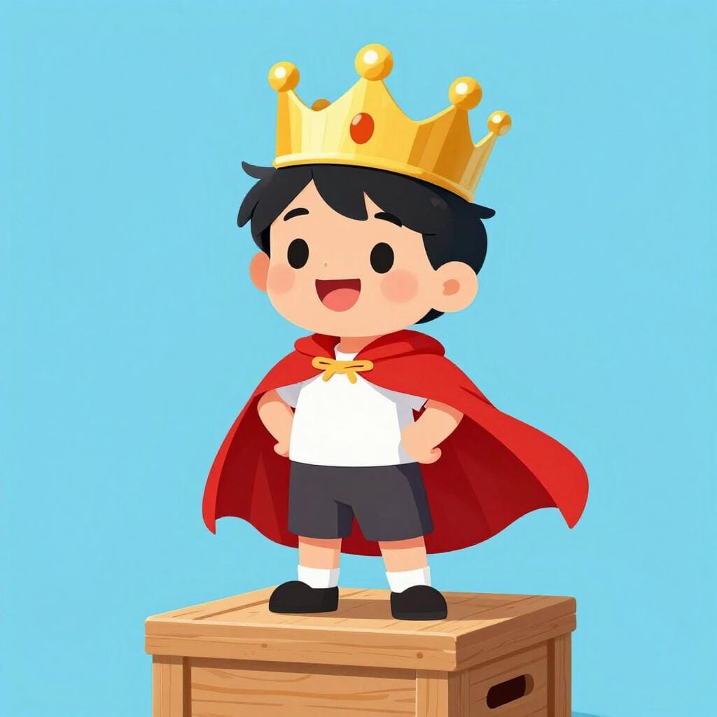 Un enfant portant une couronne dorée brillante et une cape rouge, debout fièrement sur une petite boîte en bois.