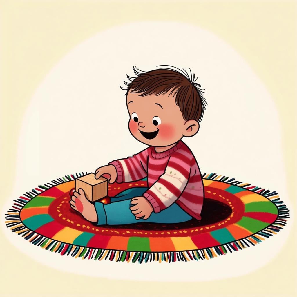A happy young child sitting on a colorful rug, playing with a single toy block.