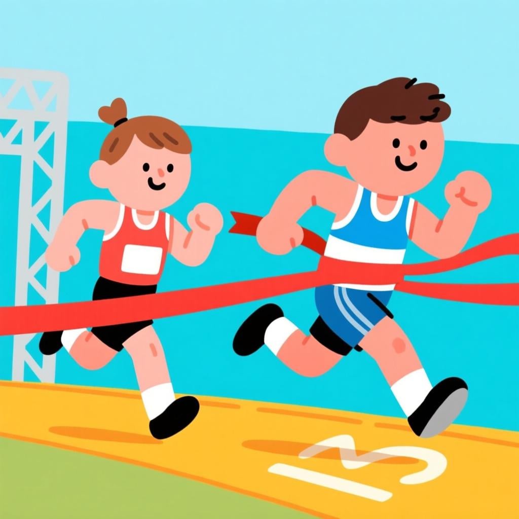 Two cartoon athletes running a foot race, with one athlete clearly breaking the finish line tape ahead of the other.