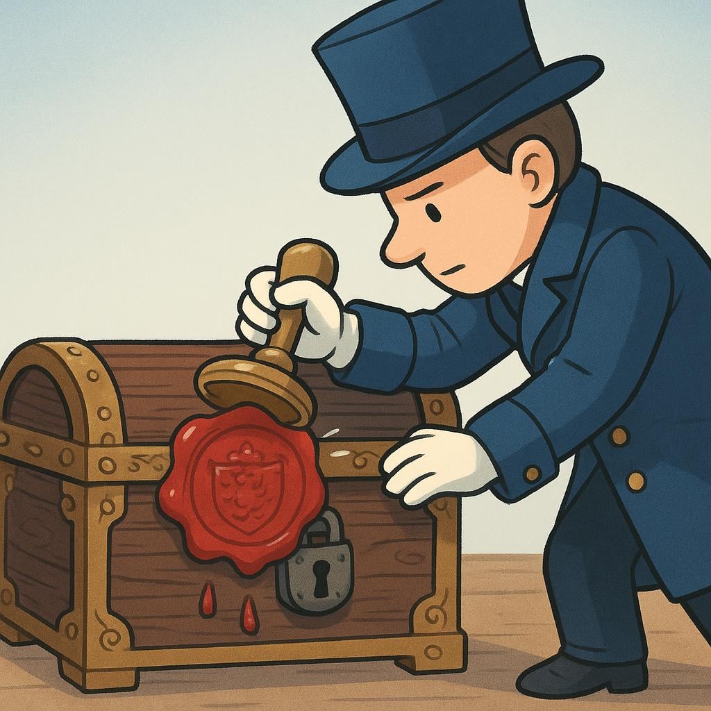 A person in a uniform actively placing an official, sealed legal document or tag onto a valuable object, like a brightly colored treasure chest, illustrating the act of seizing property.