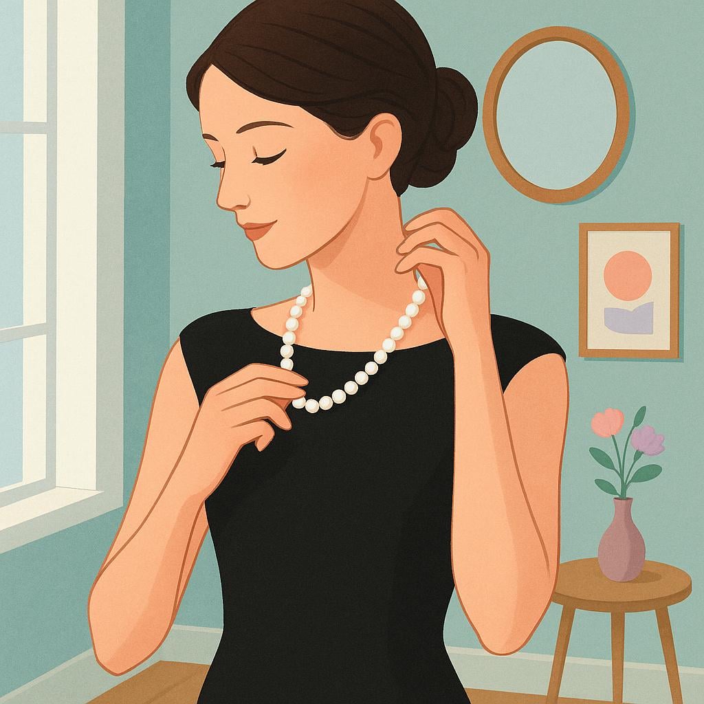 An elegant woman adjusting a piece of jewelry while wearing a formal black dress, illustrating dressing formally.