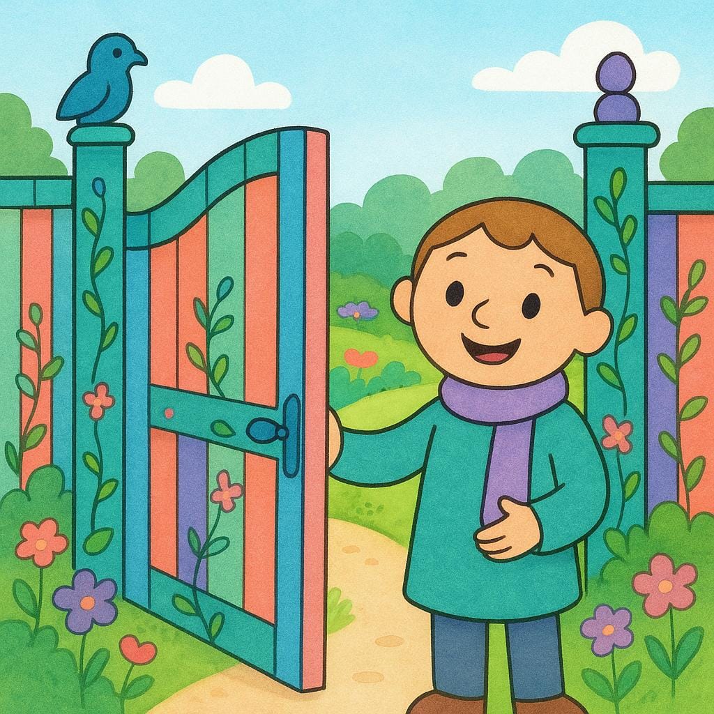 A friendly person opening a wide garden gate, allowing another person entry into the garden.
