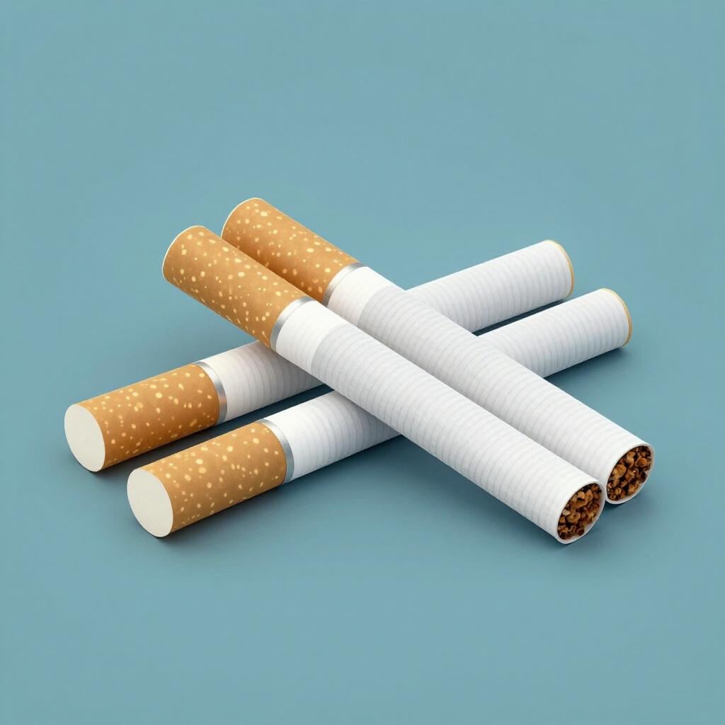 A small pile of white paper-wrapped cigarettes with brown filters lying on a plain surface.