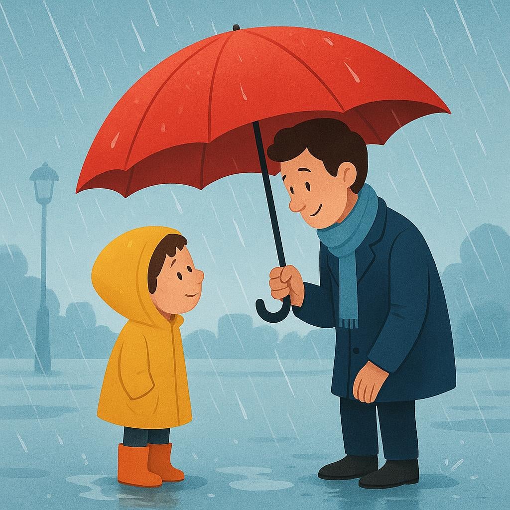 A colorful storybook illustration showing a character performing a kind act by sharing a large umbrella with another character who is standing in the rain.
