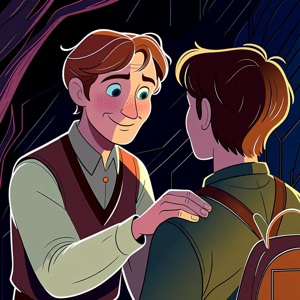 Eine Person mit einem freundlichen Ausdruck legt sanft eine Hand auf die Schulter einer anderen Person und gibt einen Ratschlag.