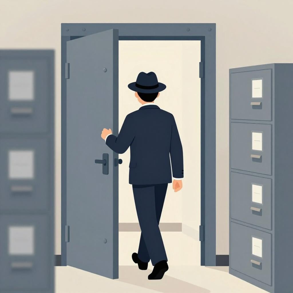 A person in a dark suit quietly entering a restricted room through a half-open door.