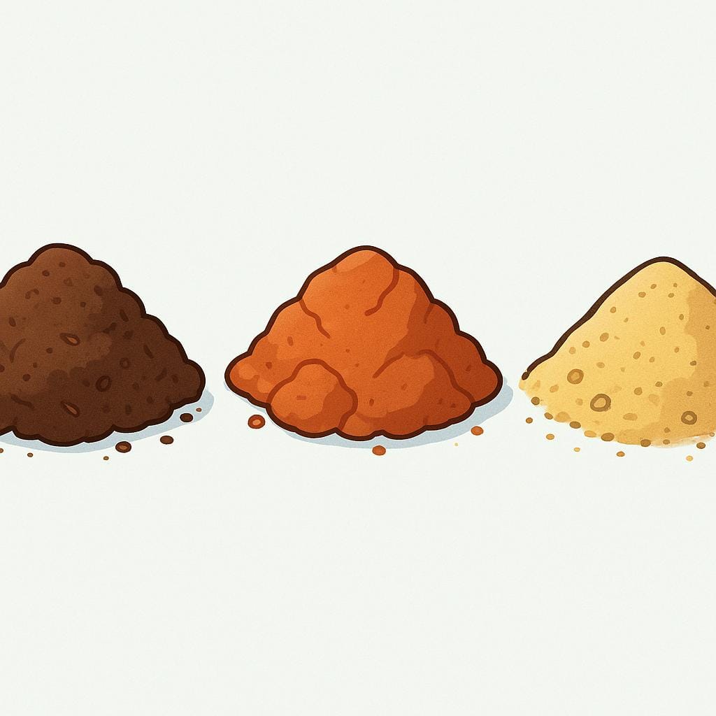 A colorful illustration displaying three distinct piles of soil: dark brown loam, red clay, and light tan sand, highlighting different earth types.