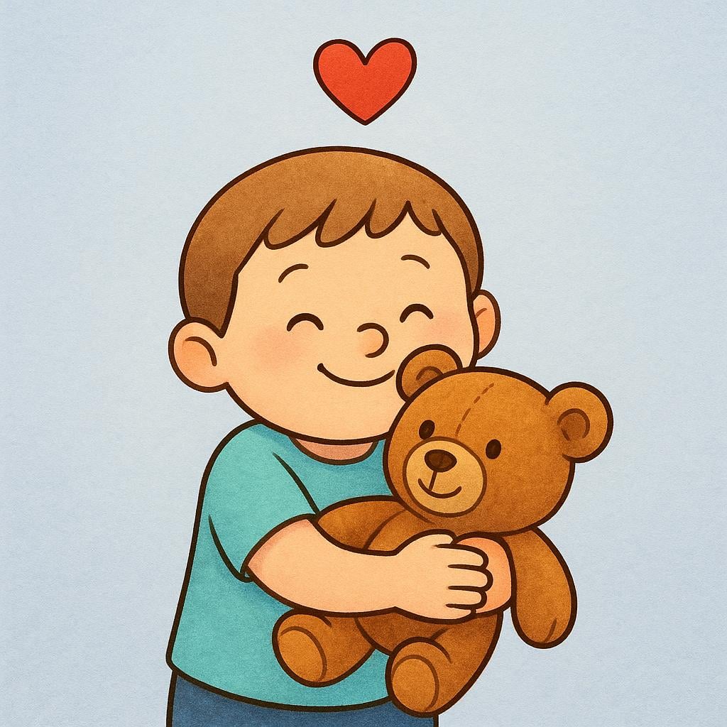 A red heart shape floating next to a smiling cartoon child hugging a soft brown teddy bear, illustrating that symbols have explicit meanings.
