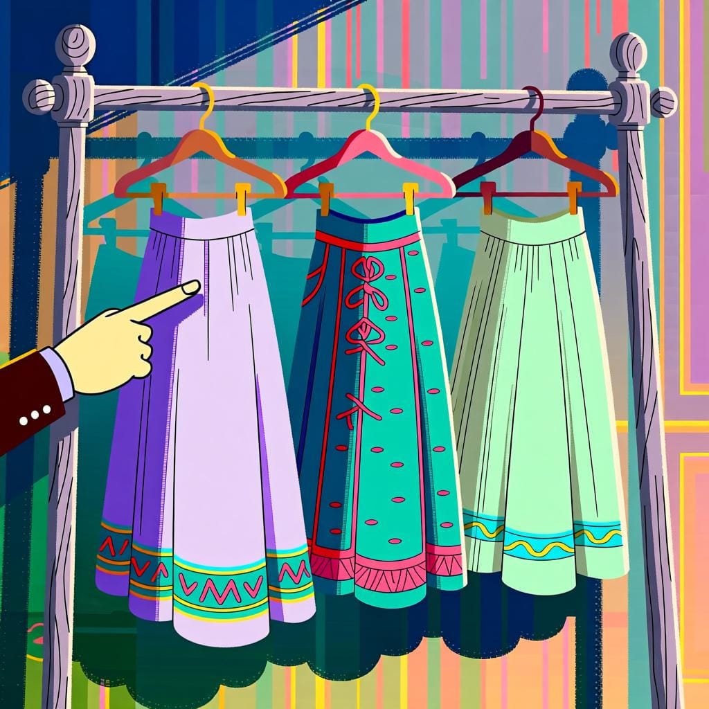 A hand pointing emphatically at the leftmost skirt hanging on a colorful clothing rack, representing the choice of 'the first one'.