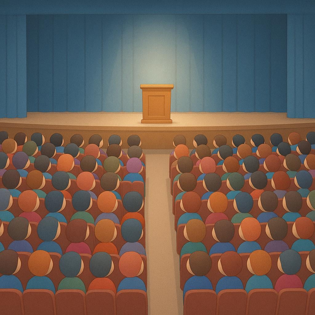 A wide view of a large, colorful auditorium packed with people sitting in neat rows, all facing a stage with a podium, representing a conference or large meeting.