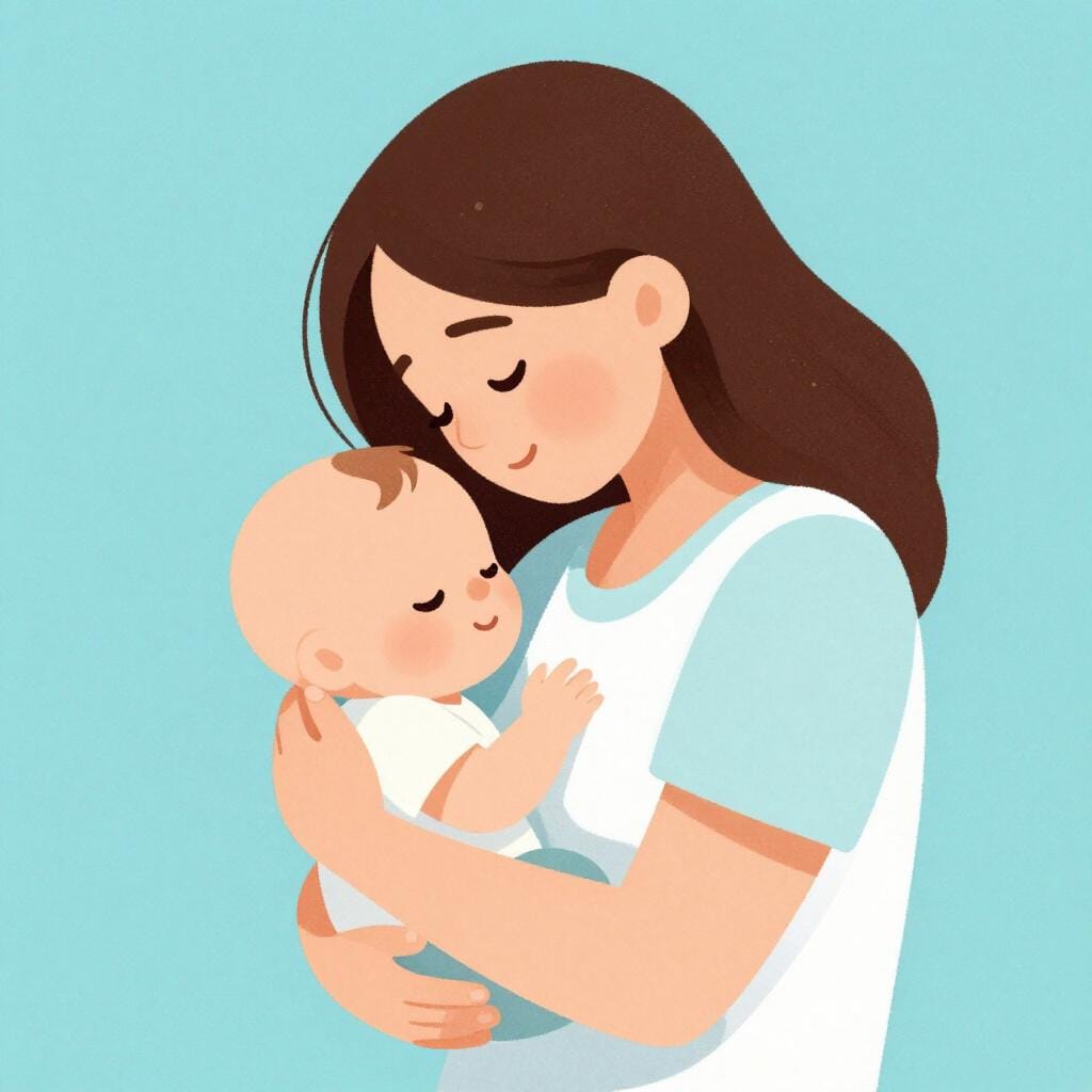 Eine Nahaufnahme einer Mutter, die ein Baby an ihre Brust hält.