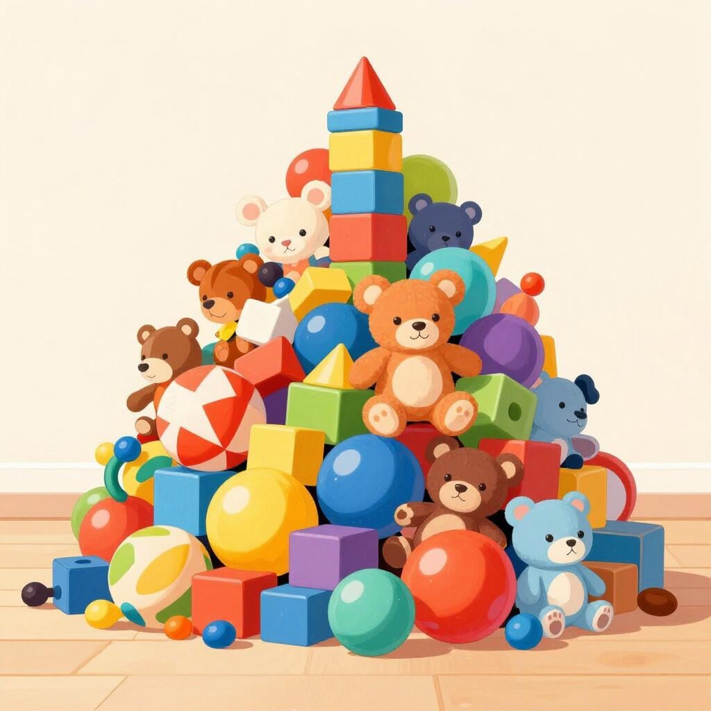 A massive, disorganized pile of colorful children's toys, including building blocks and stuffed animals, forming a large heap.