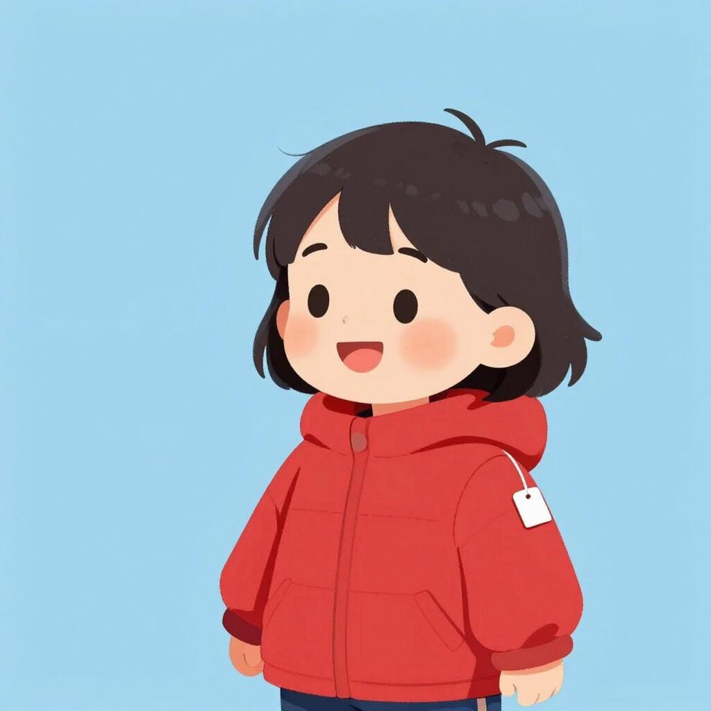 새빨간 새 재킷을 입고 가격표가 그대로 붙어 있는 채로 활짝 웃고 있는 아이.