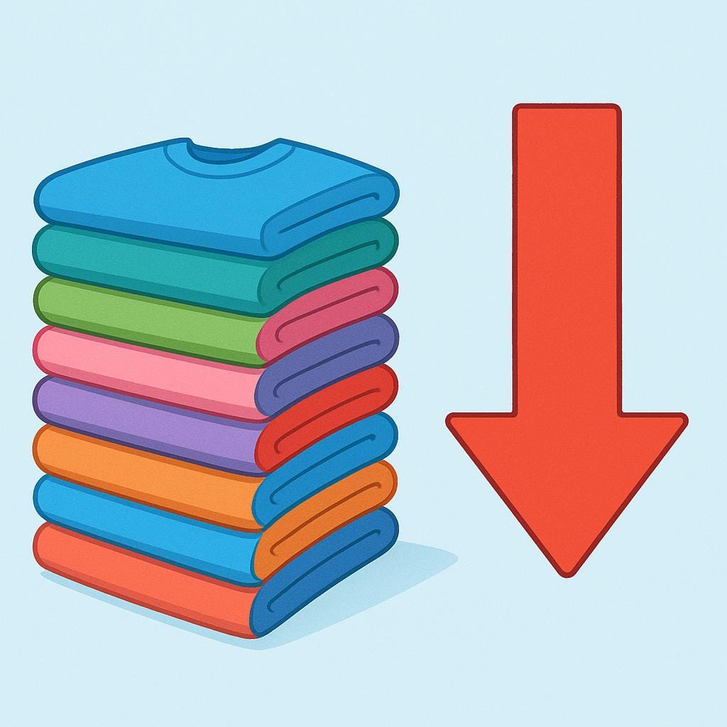 A large stack of colorful, neatly folded clothes with a big red arrow pointing down beside them, symbolizing a major sale event.