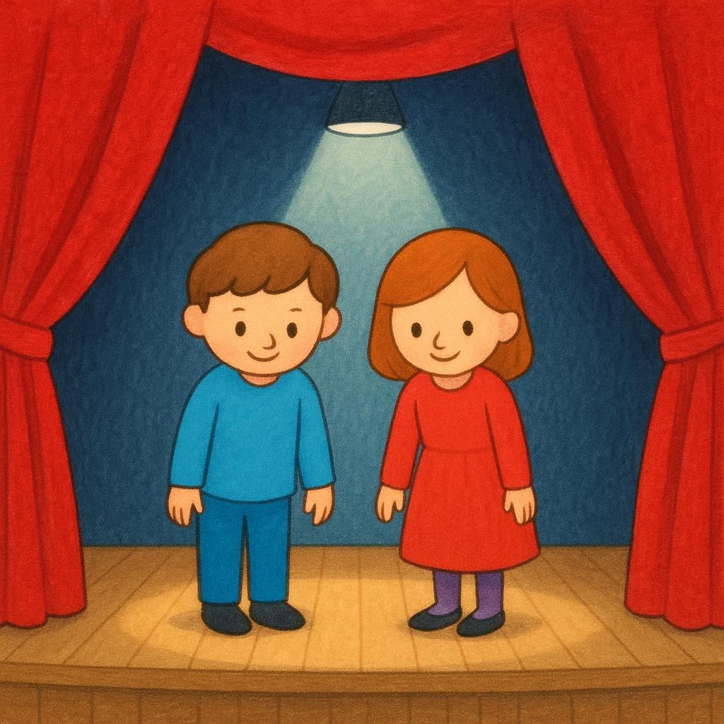 Two actors on a stage bowing after a theatrical performance, illuminated by a spotlight.