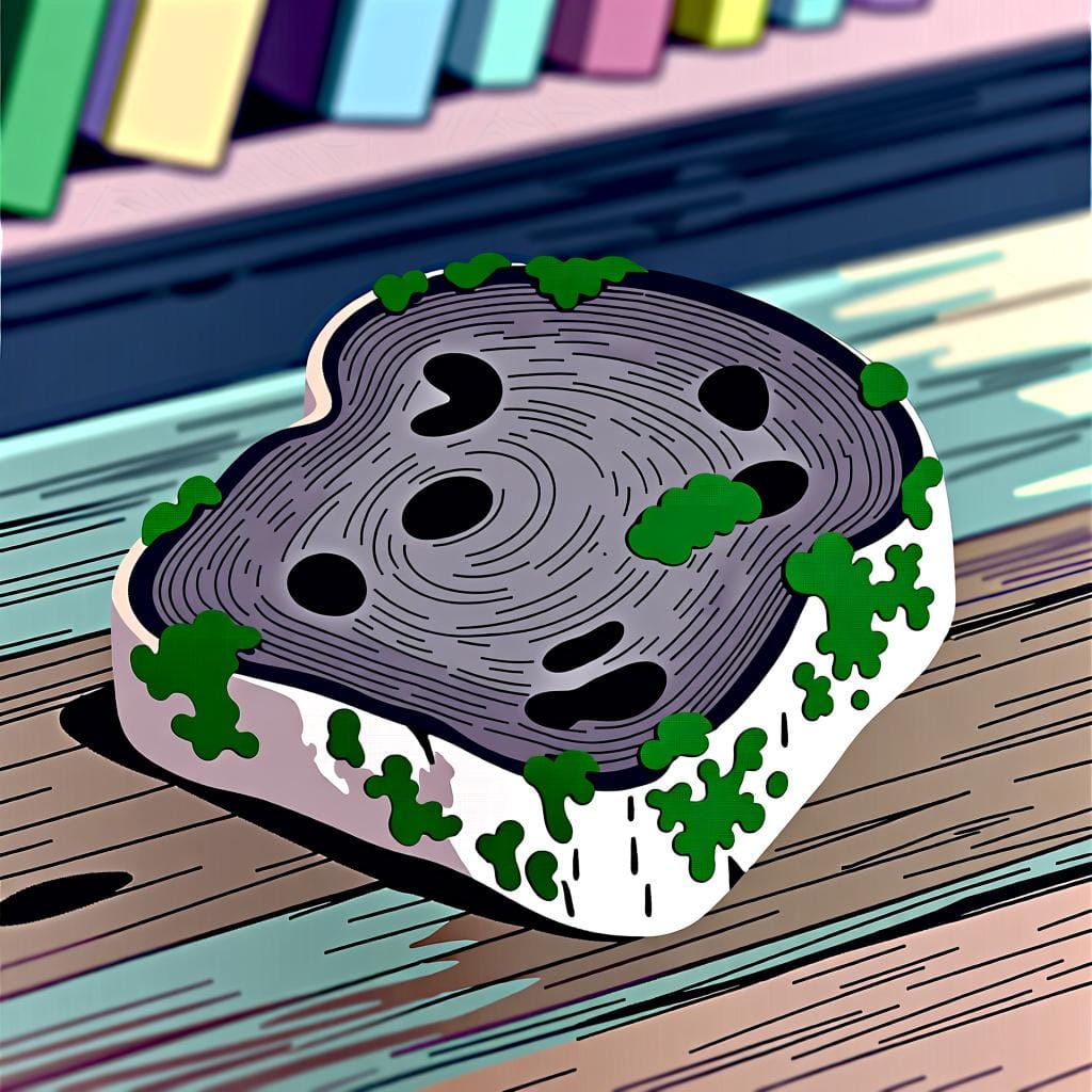 A very hard, dry, and slightly moldy piece of bread sitting on a simple wooden surface, illustrating staleness.