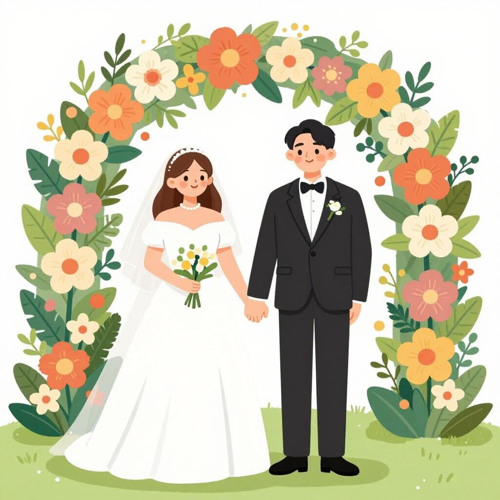 A happy couple in wedding attire holding hands under a floral archway.