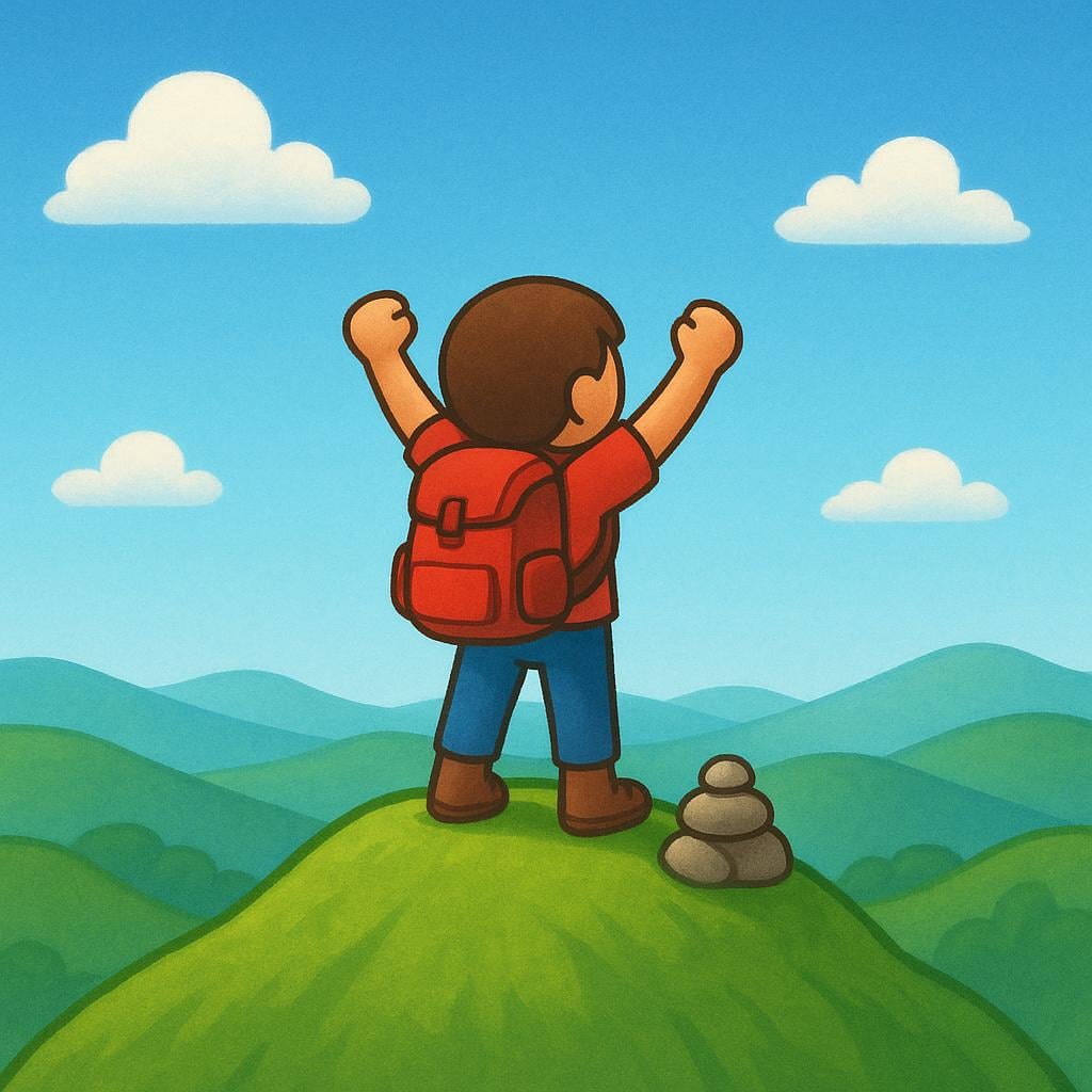 A small figure wearing a backpack stands on a high, colorful mountain peak, gazing at the scenic landscape below.