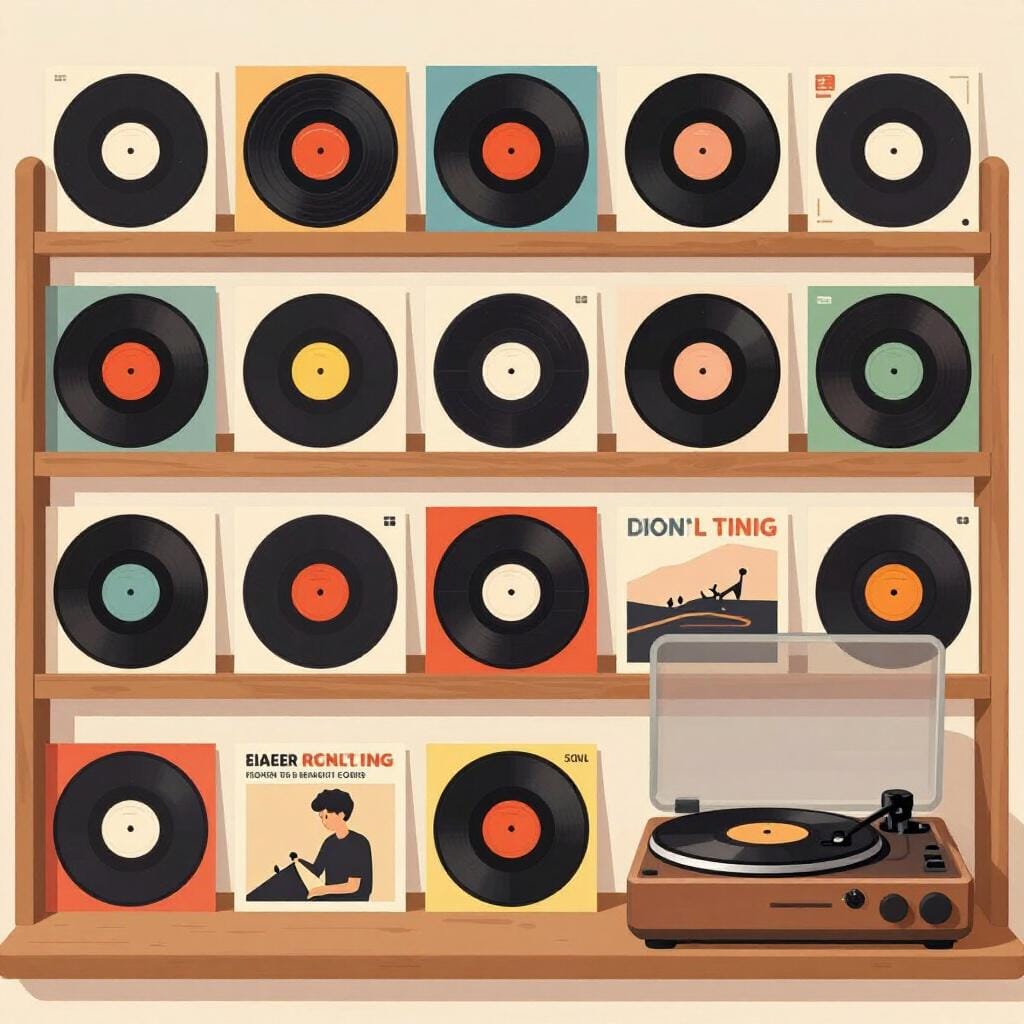 A shelf filled with many colorful vinyl record sleeves and a record player.