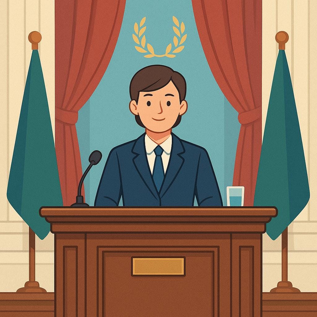 A formally dressed person in a dark suit standing behind a large wooden podium, representing a high-ranking government official or minister.