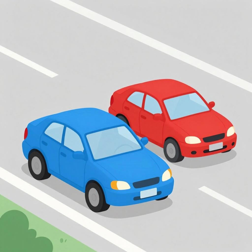 A blue car driving past a slower red car on a two-lane road.