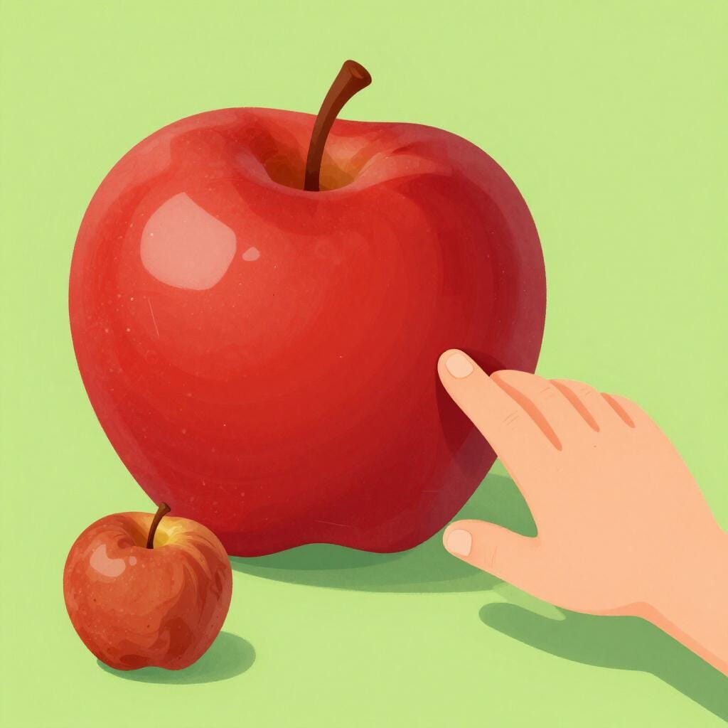 A child choosing a large, bright red apple over a small, bruised one.