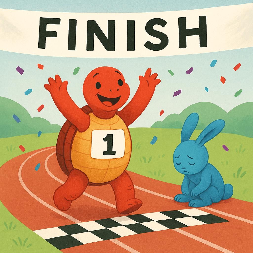 A blue bunny sitting sadly on a racetrack after giving up, while a red turtle celebrates winning the race in the background.