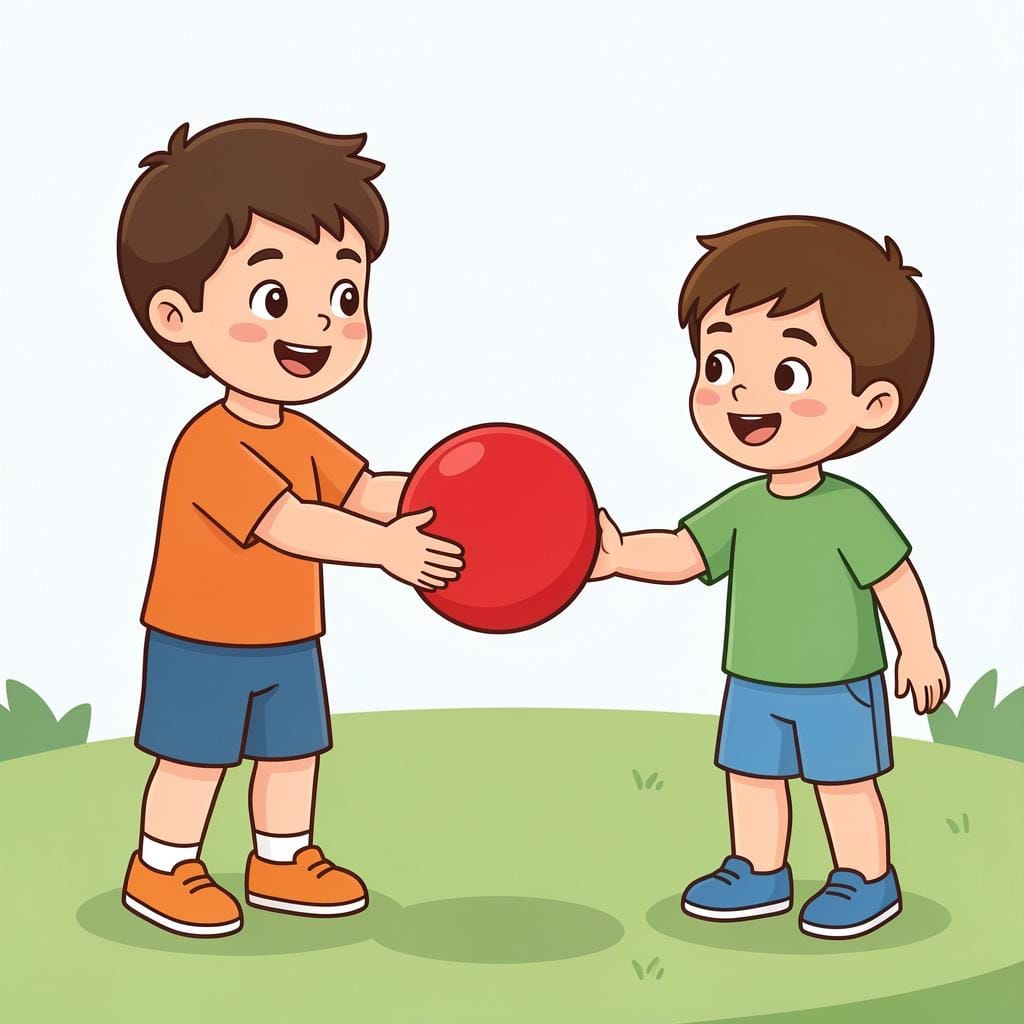 Un bambino piccolo che porge la mano mentre un altro bambino gli restituisce una palla giocattolo colorata.