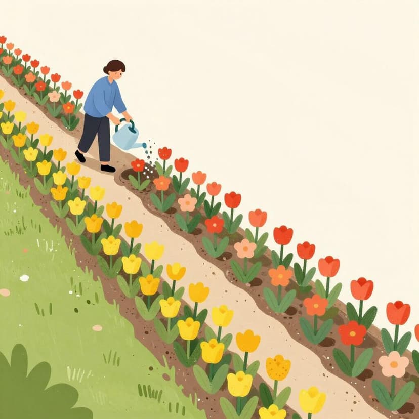 A small gardener consistently watering a long, winding row of vibrant flowers that stretch into the distance.