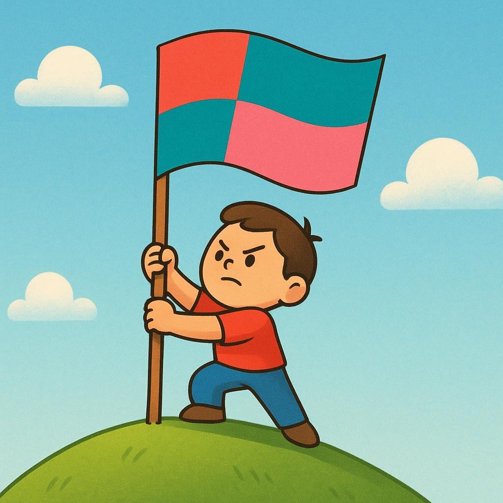 A small, determined figure standing on the peak of a grassy hill, planting a large, colorful flag into the ground to signify control.