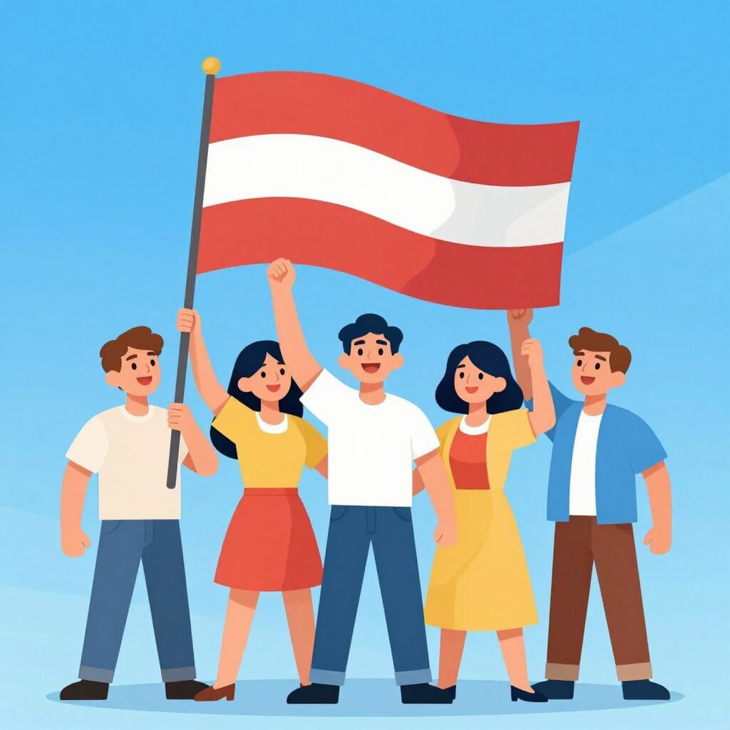 A group of diverse people standing together and smiling while holding a large, colorful flag.