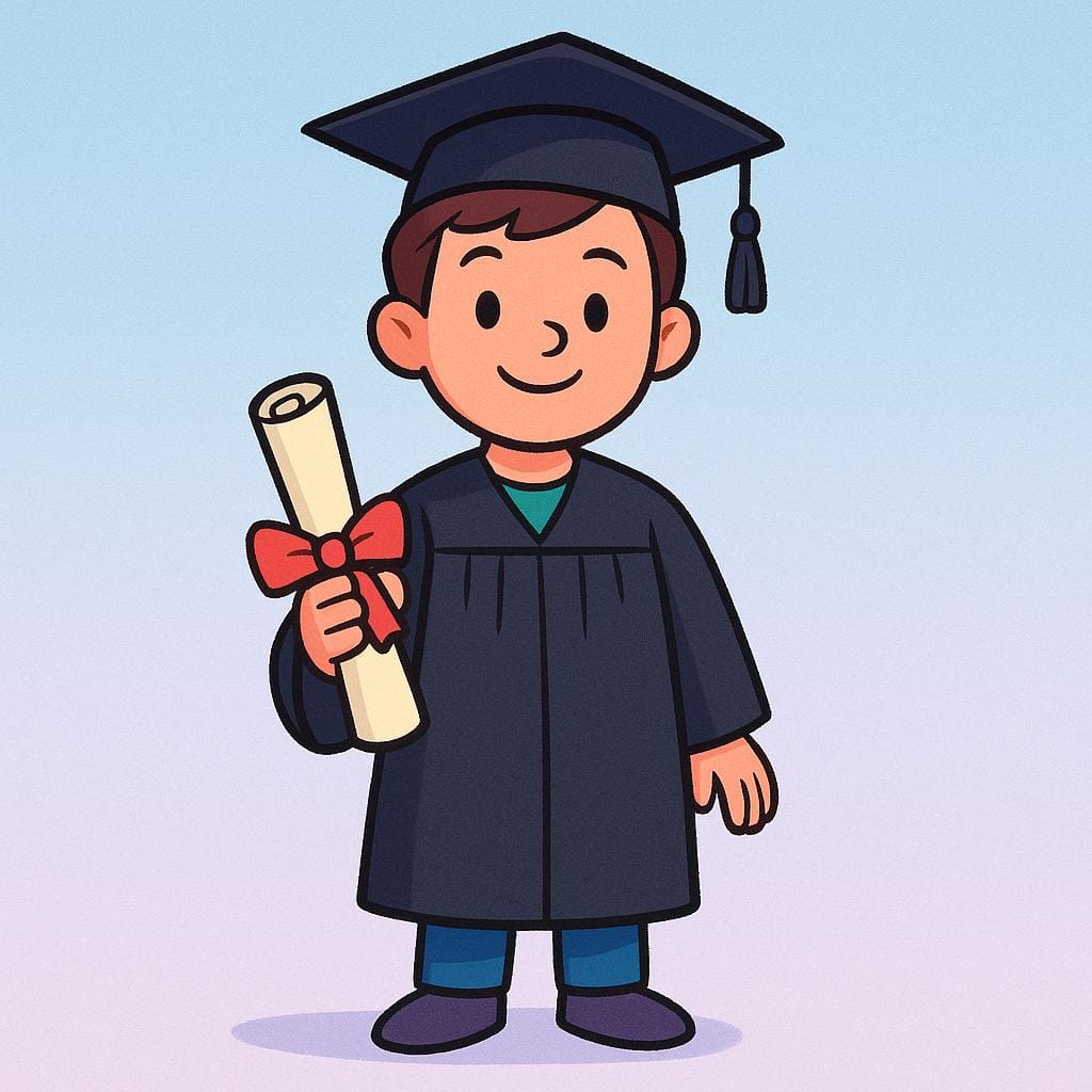 Eine glückliche junge Person, die eine traditionelle schwarze Abschlussrobe und einen Doktorhut trägt und eine zusammengerollte Diplomurkunde in der Hand hält.