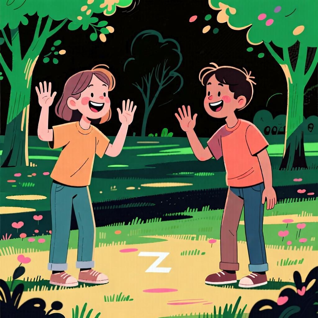 Two friends happily waving at each other in a park, representing the act of meeting or visiting someone.