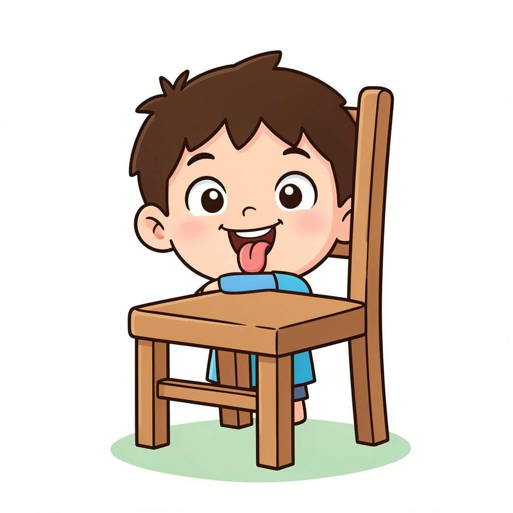 A small child playfully sticking their tongue out while hiding behind a wooden chair.
