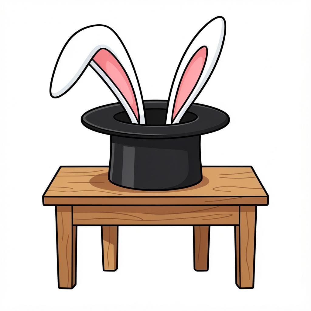 A magician's top hat on a wooden table with a white rabbit's ears poking out from inside.