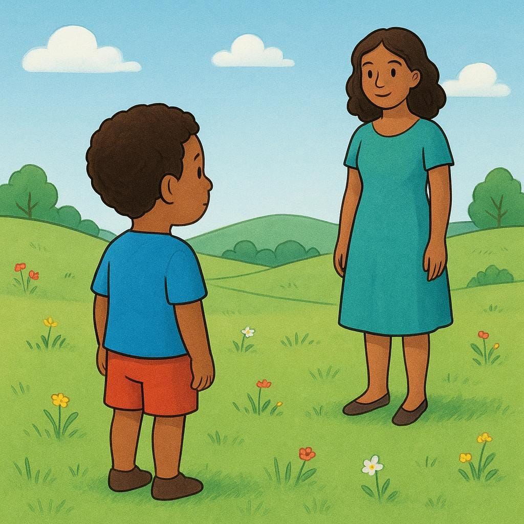 Ein Kind steht auf einem leuchtend bunten Feld und blickt aufmerksam auf eine Frau, die in kurzer Entfernung steht.