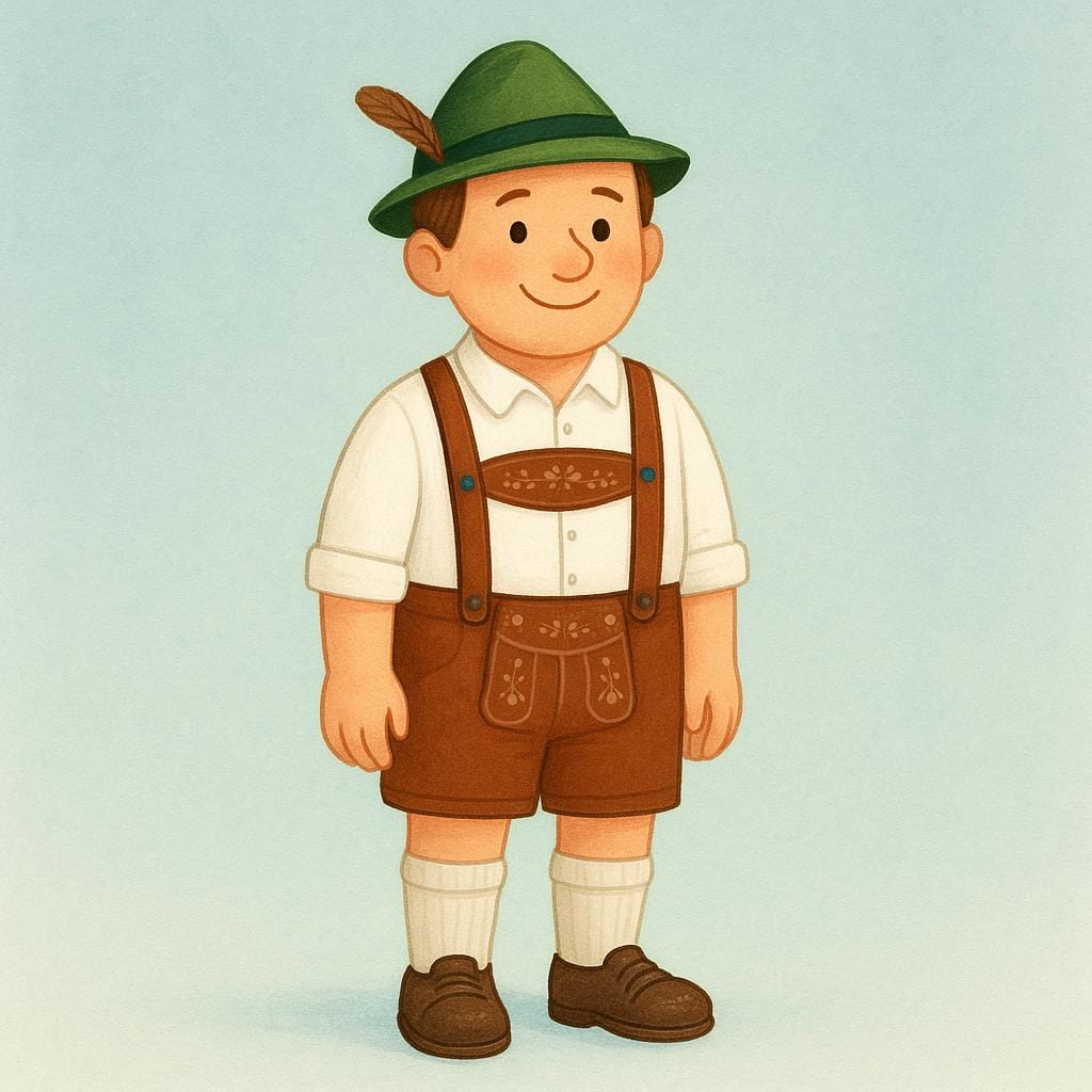 A friendly male cartoon character wearing traditional German attire, including Lederhosen and a green alpine hat.