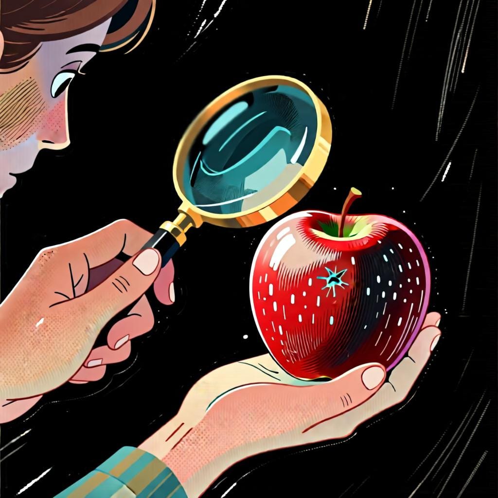 A person's hand holding a magnifying glass over a shiny red apple, as if looking for a small flaw or objection.