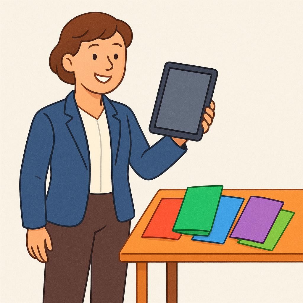 A smiling sales representative in business attire holding a tablet and standing next to a display of colorful brochures.
