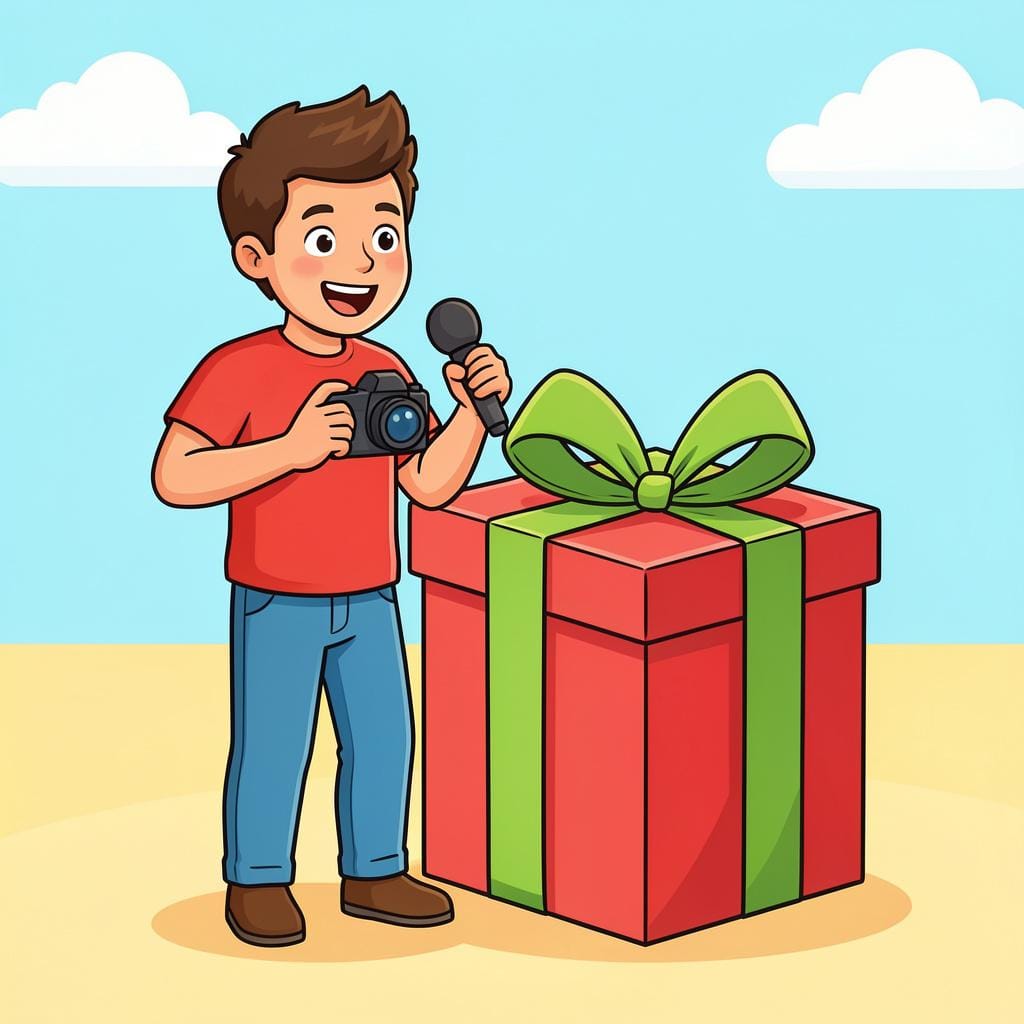 A colorful storybook illustration of a journalist holding a camera and a microphone, standing in front of a breaking news event.