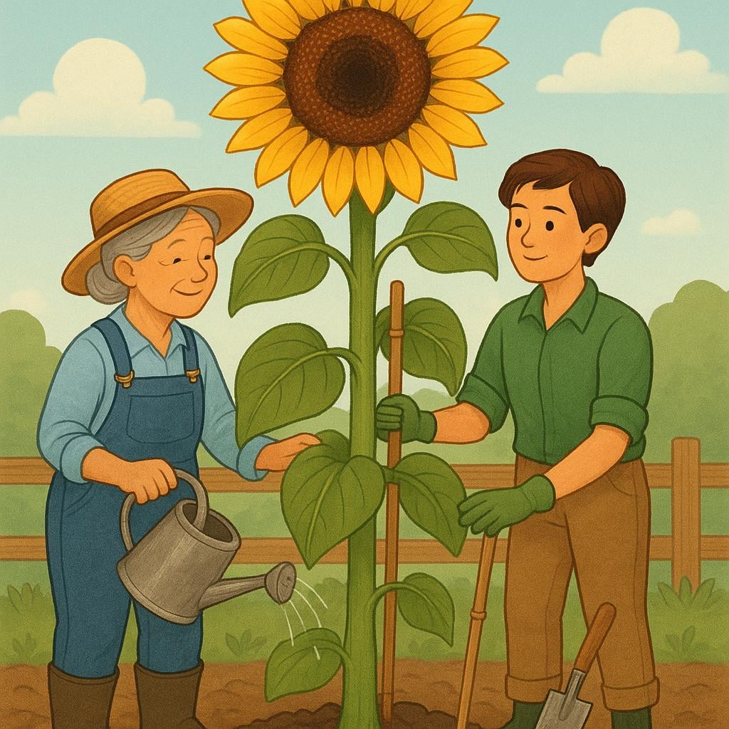 Two gardeners standing next to an enormous, fully grown sunflower that reaches high into the sky, suggesting a long period of growth and care.