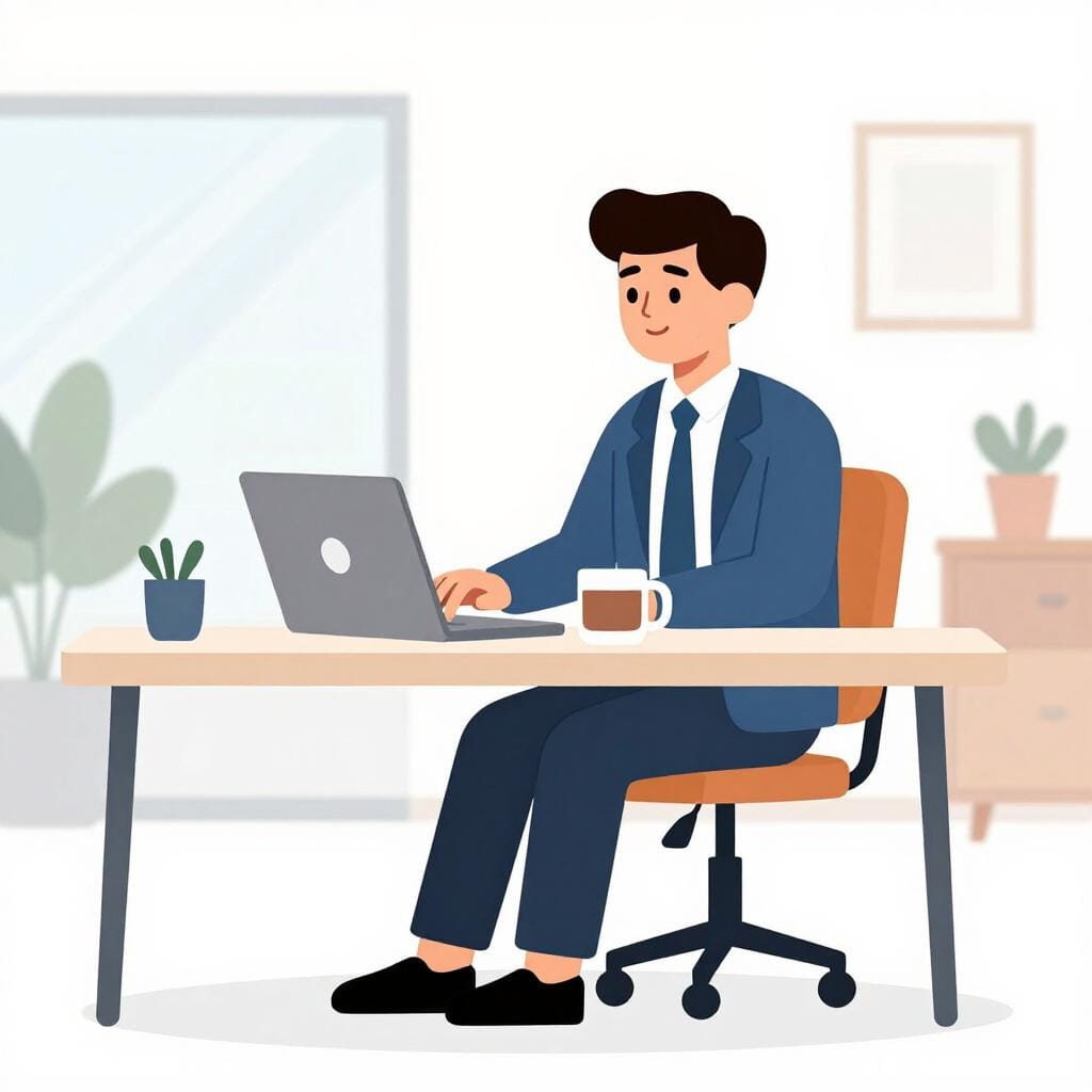 Ein Büroangestellter sitzt an einem Schreibtisch mit einem Laptop und einer Tasse Kaffee in einem hellen Büro.