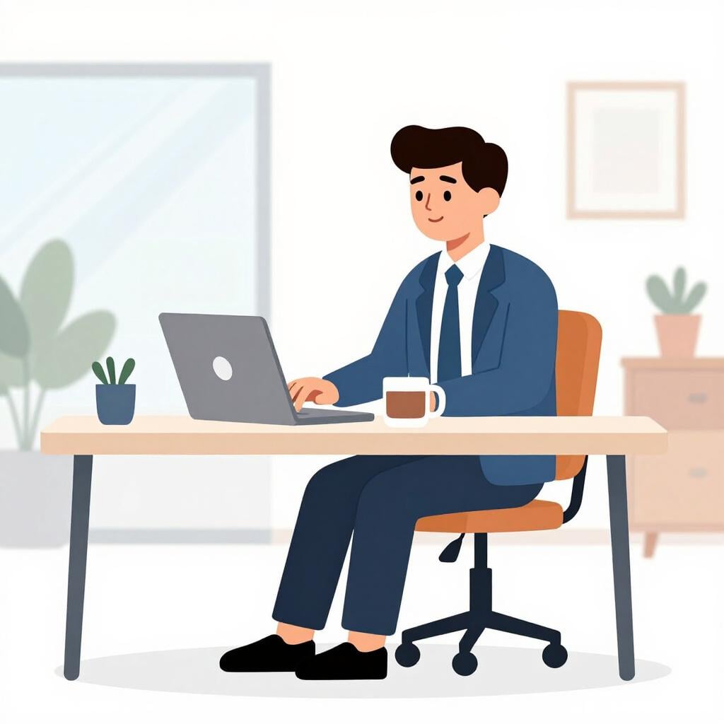 An office worker sitting at a desk with a laptop and a cup of coffee in a bright office.