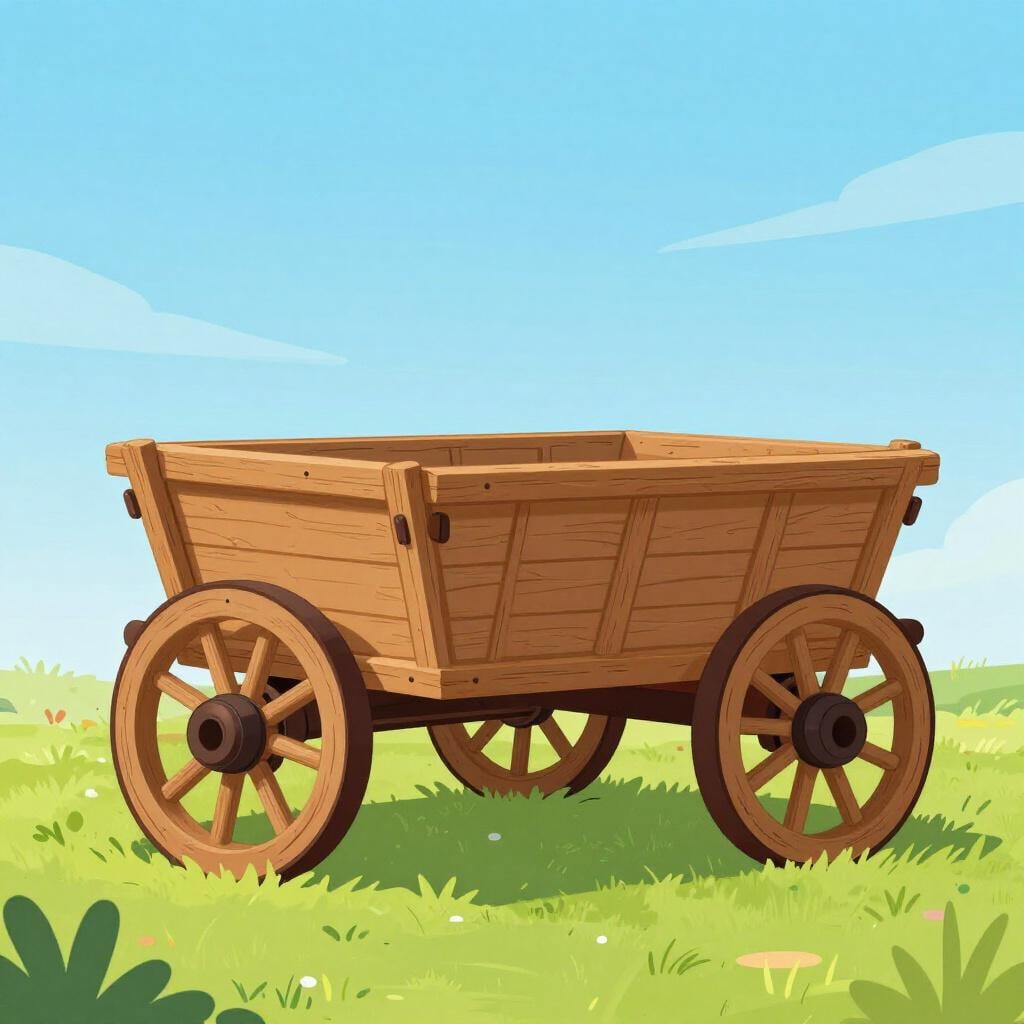 A wooden cart with two large wheels sitting on a dirt path.