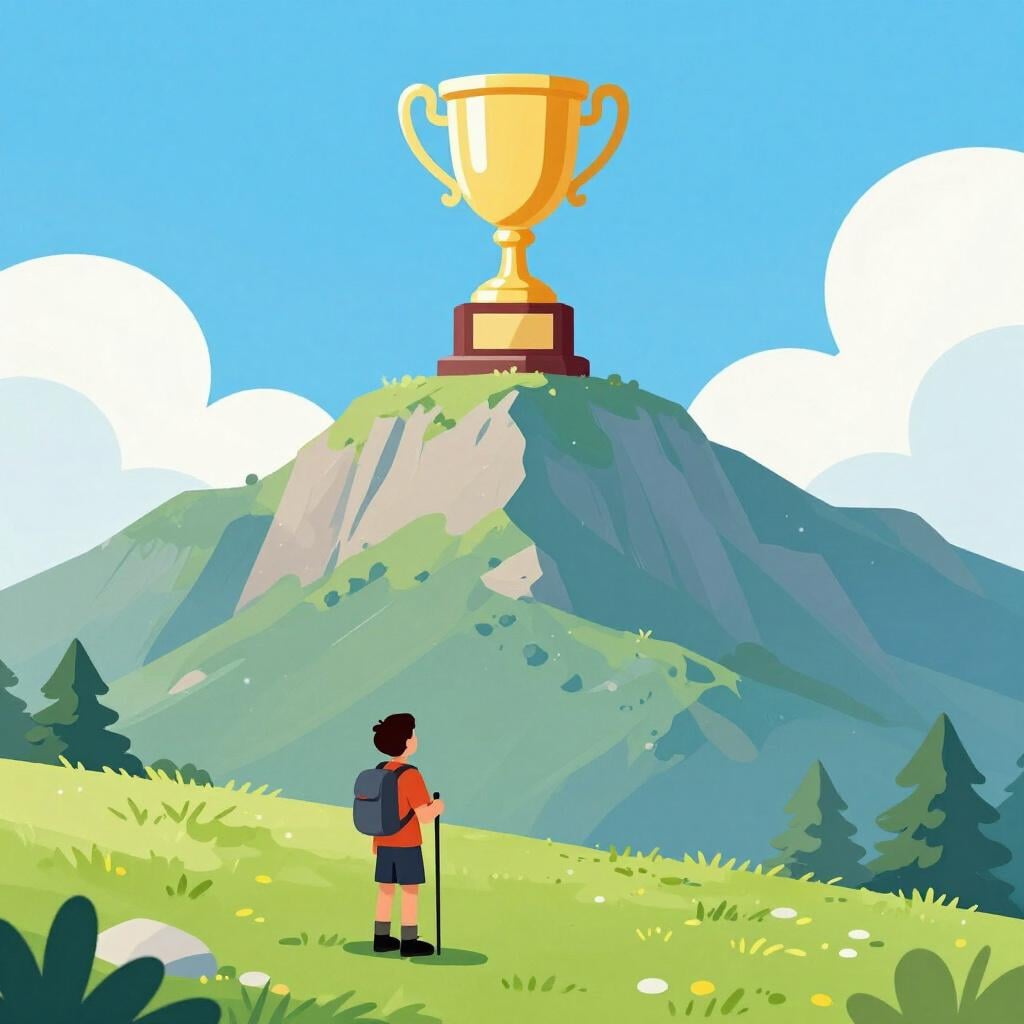 A small child looking up at a mountain peak where a golden trophy sits.