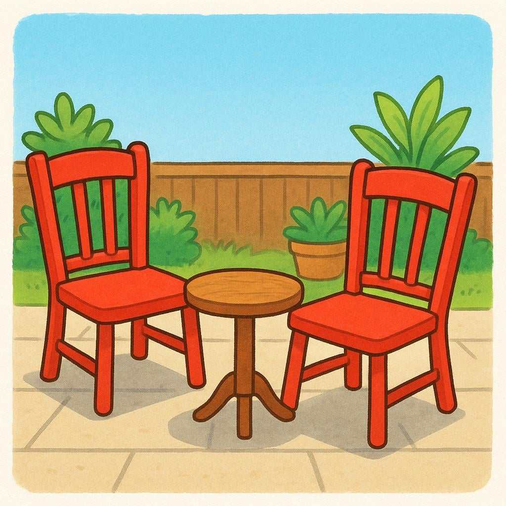 Two brightly colored, empty chairs pulled up to a small, unoccupied table on a sunny patio, illustrating availability.