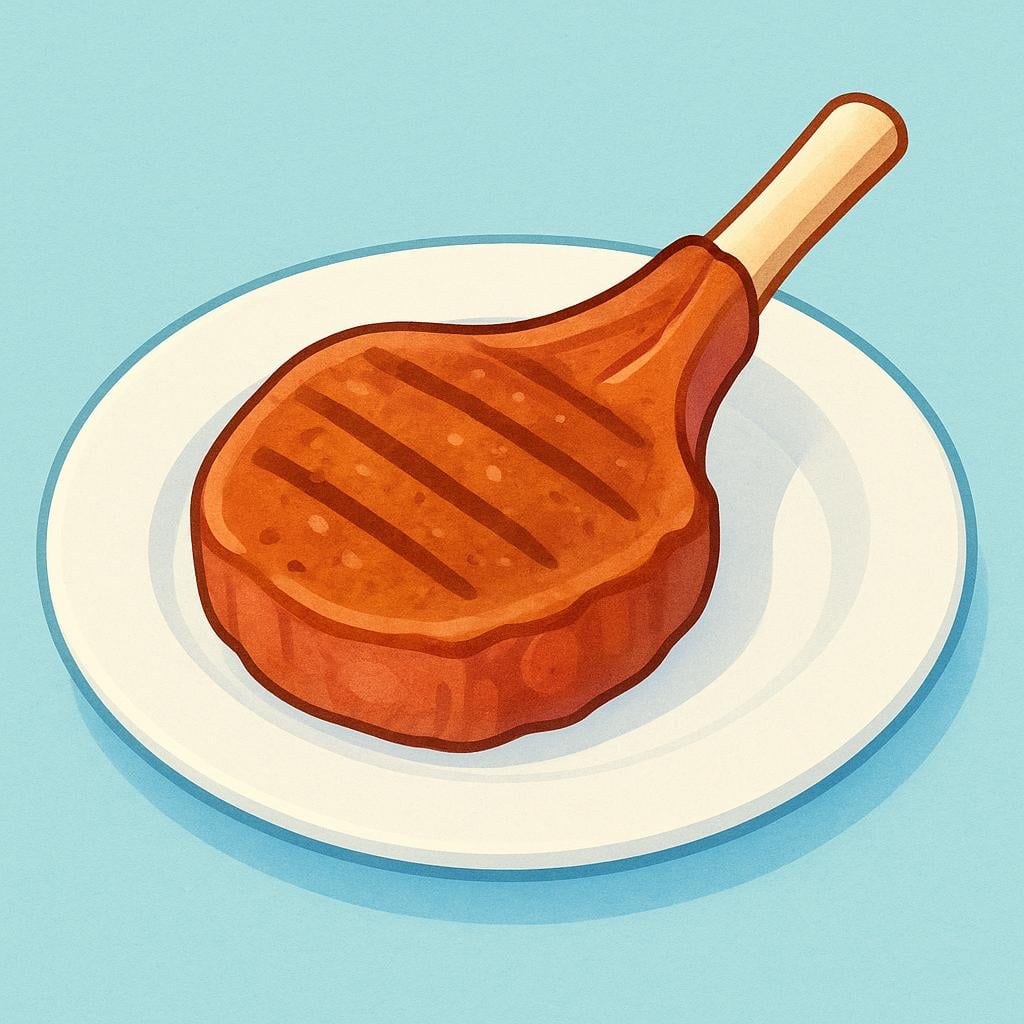 A single cooked lamb chop, garnished simply, resting on a plain white plate.