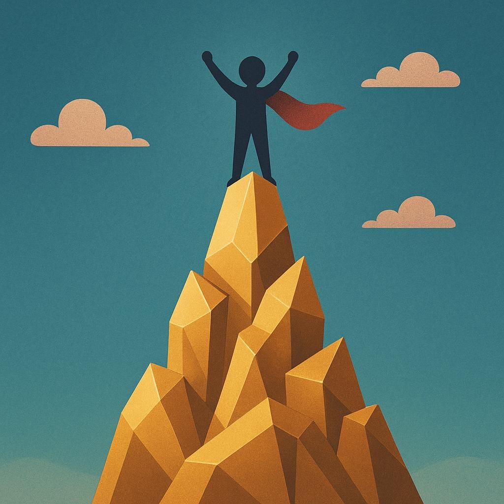 A small, silhouetted figure standing triumphantly on the narrow, pointed apex of a tall, abstract golden structure, symbolizing the highest point or pinnacle of achievement.